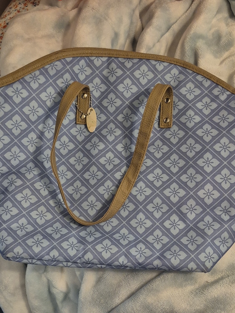 Blue Patterned Tote with Tan Handles by